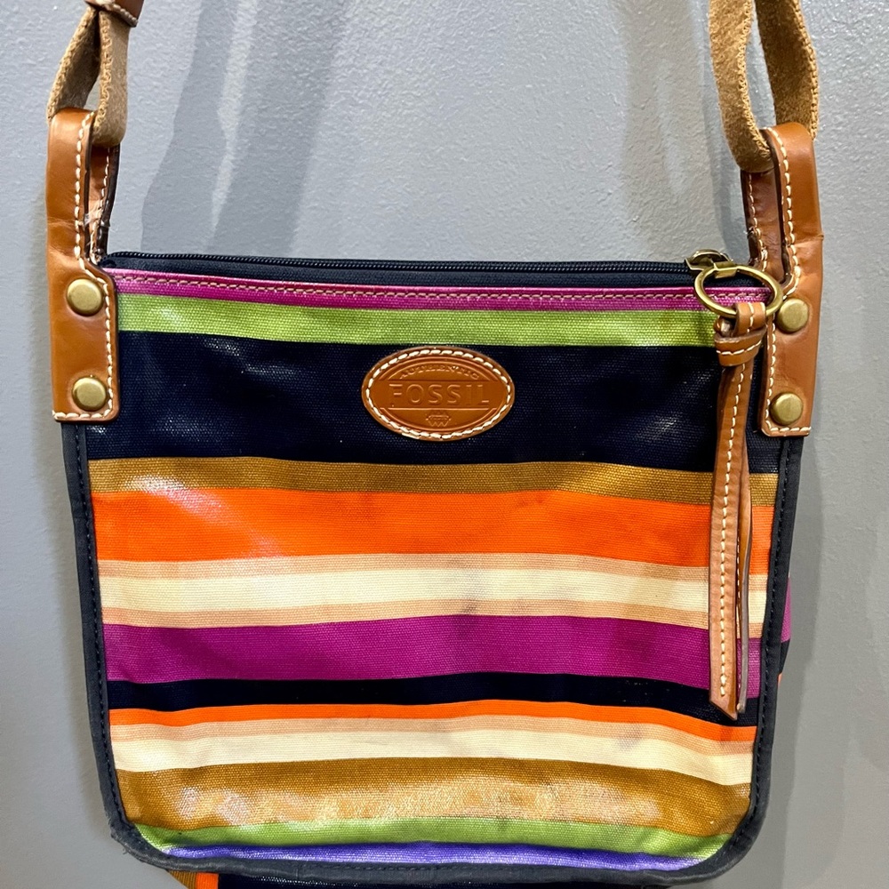 Fossil Key-Per Multicolored Striped Crossbody Bag with Adjustable Strap